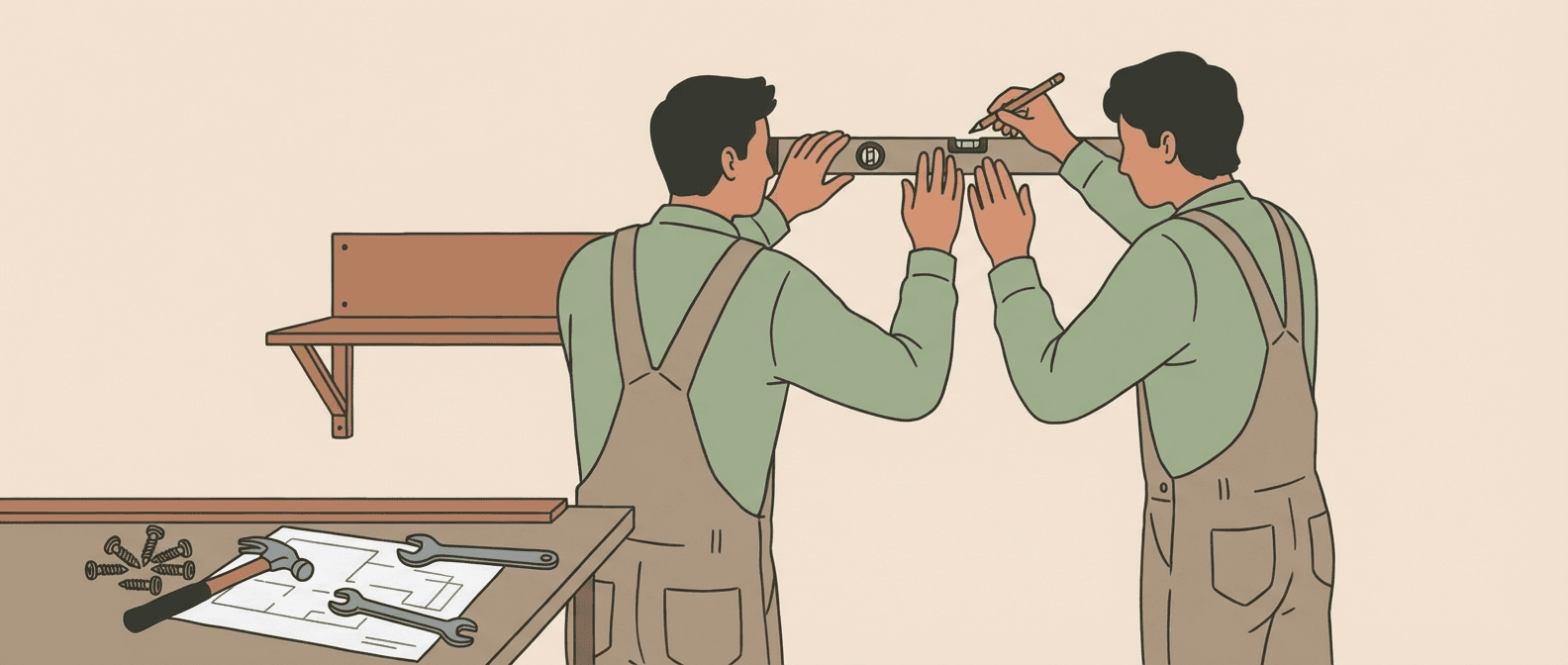 Two professionals using a spirit level to hang a shelf